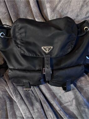 Prada Black Nylon Drawstring Backpack with Leather Accents